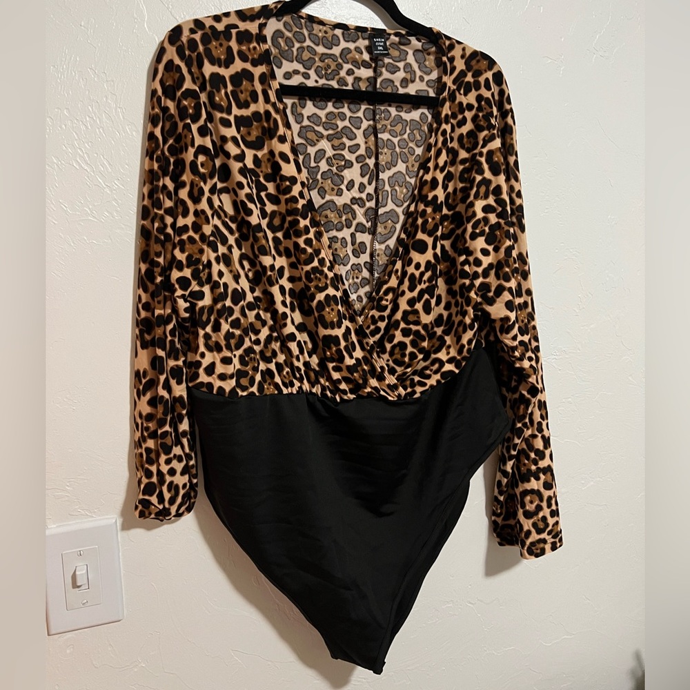 Plus Leopard Print Surplice Neck Bodysuit